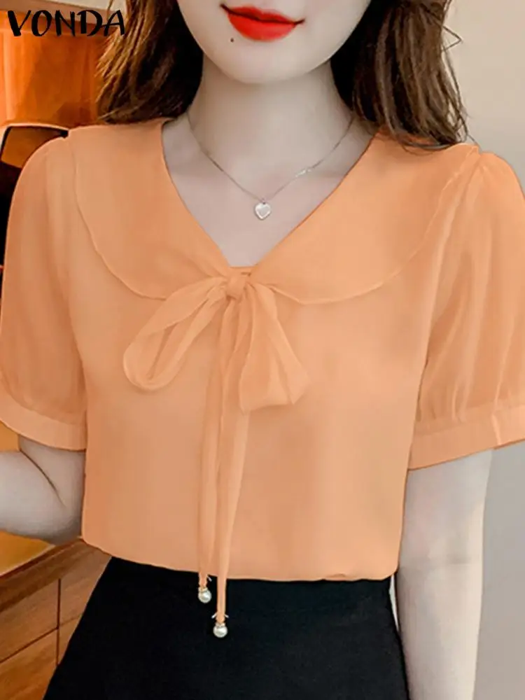 Elegant Women Shirts Fashion Short Sleeve Solid Color Blouse 2024 Casual Puff Sleeve Double-Layer Neck Tops Summer Tunic Blusas