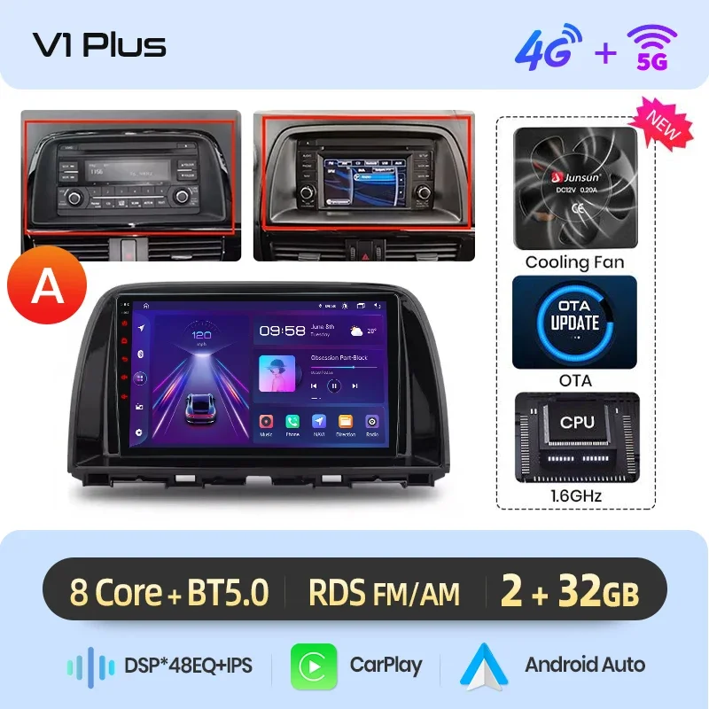 Junsun draadloze CarPlay Android Auto autoradio voor Mazda CX-5 Mk1 (KE) 2012-2017 met ingebouwde koelventilator, Android GPS navigatie, multimediaspeler, WiFi, DSP, RDS, BT, SWC, IPS touchscreen,