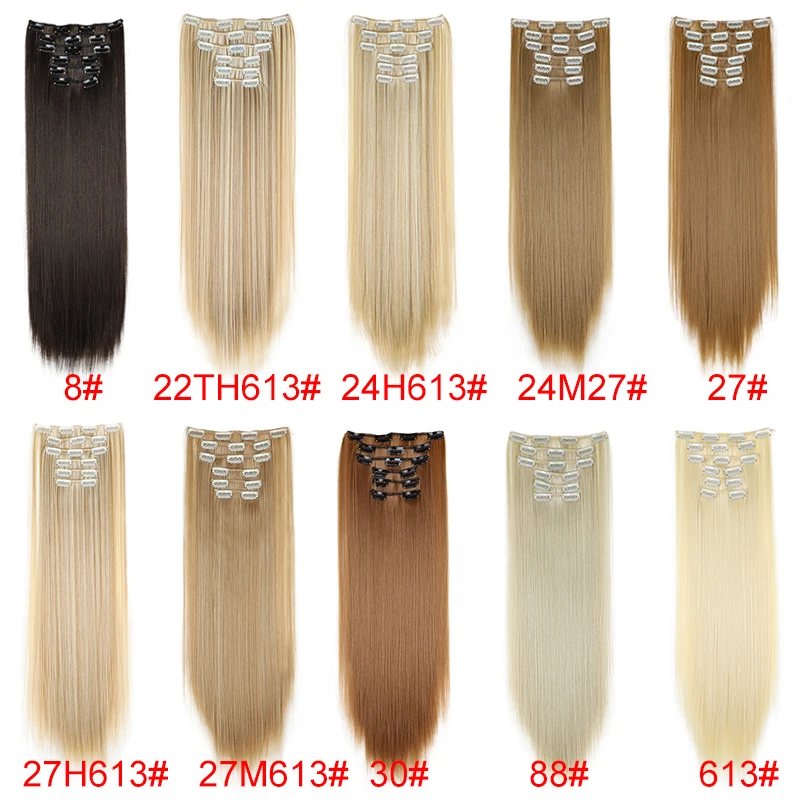 Synthetic 24Inch 16 Clips in Hair Extensions Long Straight Hairstyle Blonde Black Hairpieces Heat Resistant False Hair Daily Use