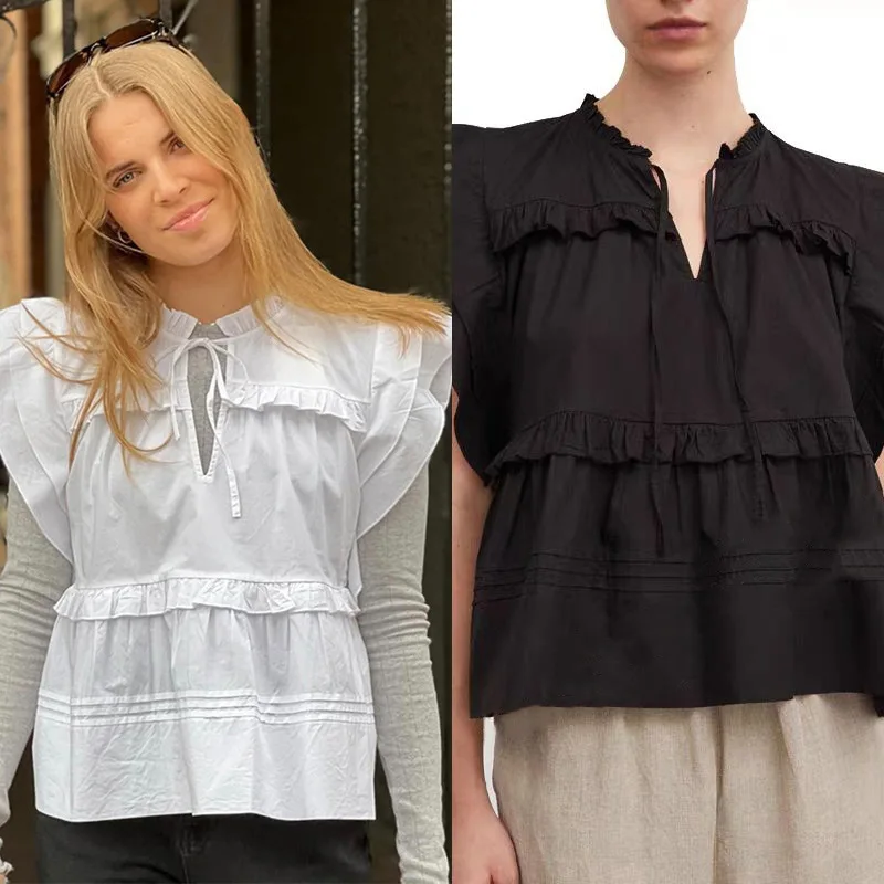 

Лето 2022, однотонный двухслойный волан Све с воротником-ушанкой, дерзкий топ с поясом, хлопок для поездок на работу, 00% женский irt