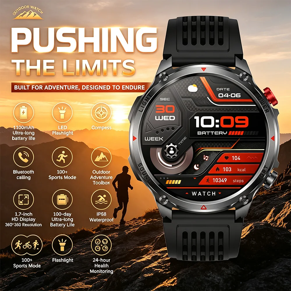 2026 New 1100mAh Battery Outdoor Smart Watch Sleep Monitoring1.7 Inch HD Screen IP68 Waterproof Lighting Flashlight Smart Watch