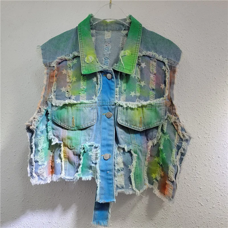 Raw Hem Ripped Hip Hop Denim Vest Women 2024 Autumn New Polo Collar Sleeveless Single-Breasted Tie-Dyed Short Coat Waistcoat