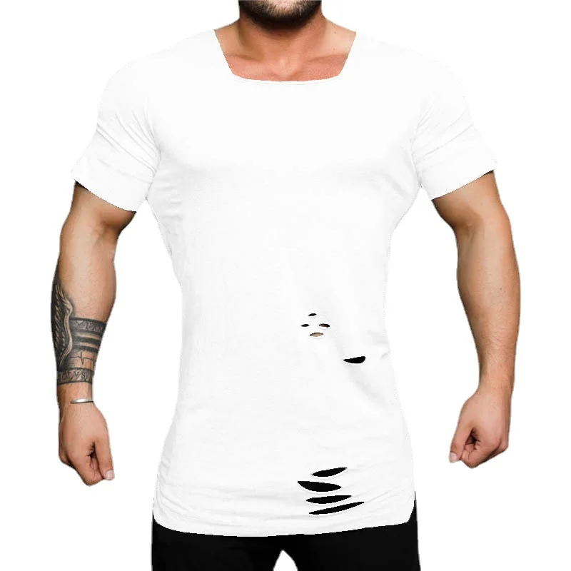 Camiseta de manga curta para musculação masculina, camiseta slim fit, roupa fitness, esportes de ginástica, buraco vintage, estender, moda casual