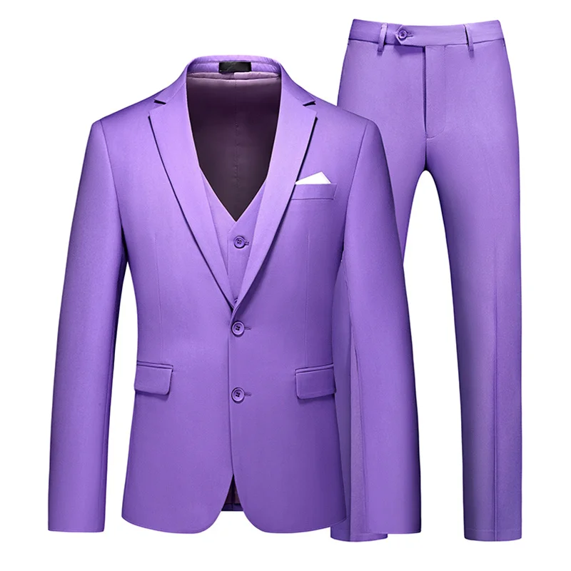 

New violet men's formal three-piece suit set, including a suit jacket,waistcoat,and pants,European sizes,slim-fitting suit set.