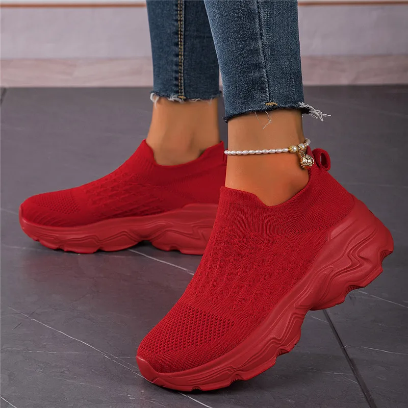 Red Women\'s Socks Sneakers Trend 2024 Comfortable Woman Platform Shoes Big Size 42 Slip-on Casual Sneakers Zapatillas De Mujer