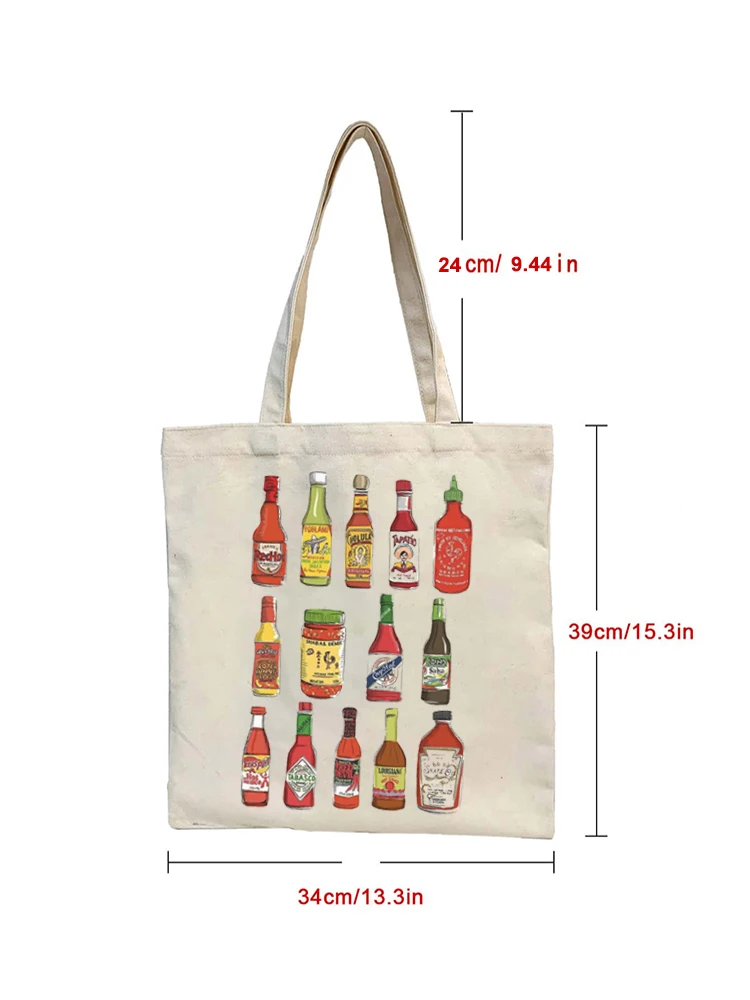 1pc Vintage Hot Sauce Pattern Tote Bag Cute Shopping Bag Carrier Bag Casual Canvas Shoulder Bag Handbag & Shopping Gift Bag