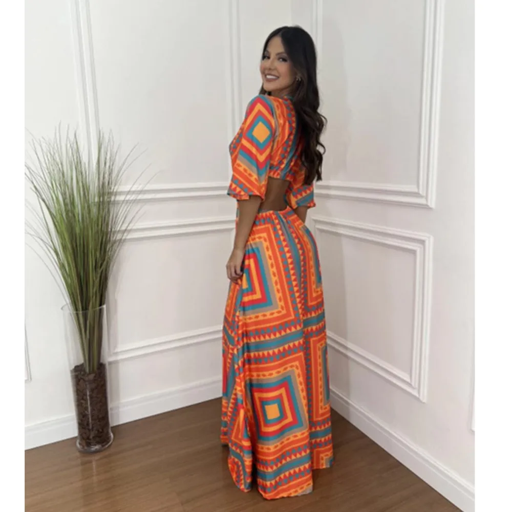 Shionable cor-bloqueada morcego manga 5 quartos vestido impresso feminino sexy recorte exposto cintura gravata feminina festa profundo decote em v vestido