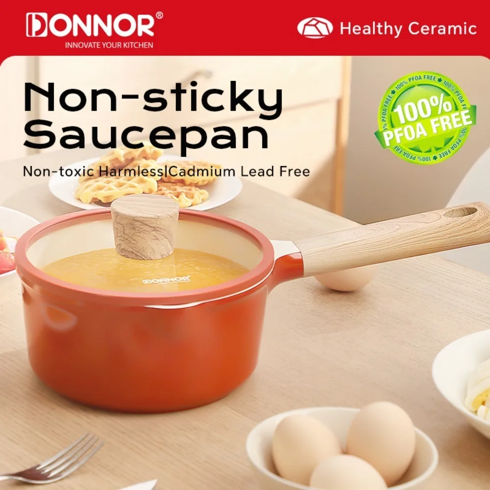 DONNOR 2QT Saucenpfanne mit Deckel, antihaftbeschichteter Kochtopf, Kochtopf, wärmerer Milchtopf, Nudelkochtopf, Holzgriff, rot