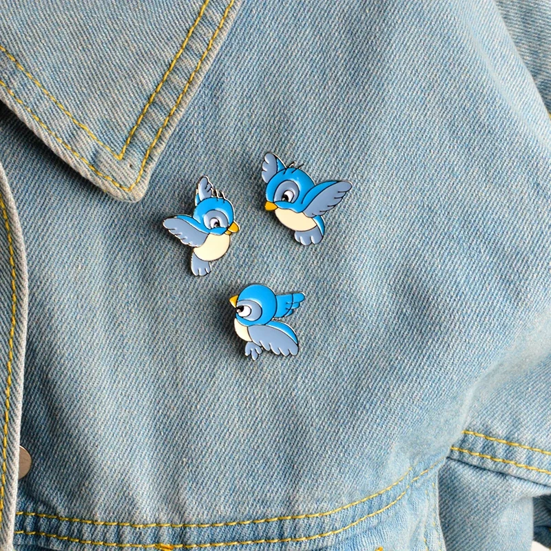 3pcs/set Enamel blue bird pin Cartoon flying fledgling Animal Brooch Denim Jacket Pin Buckle Shirt Badge Bag Lapel Gift for Kids