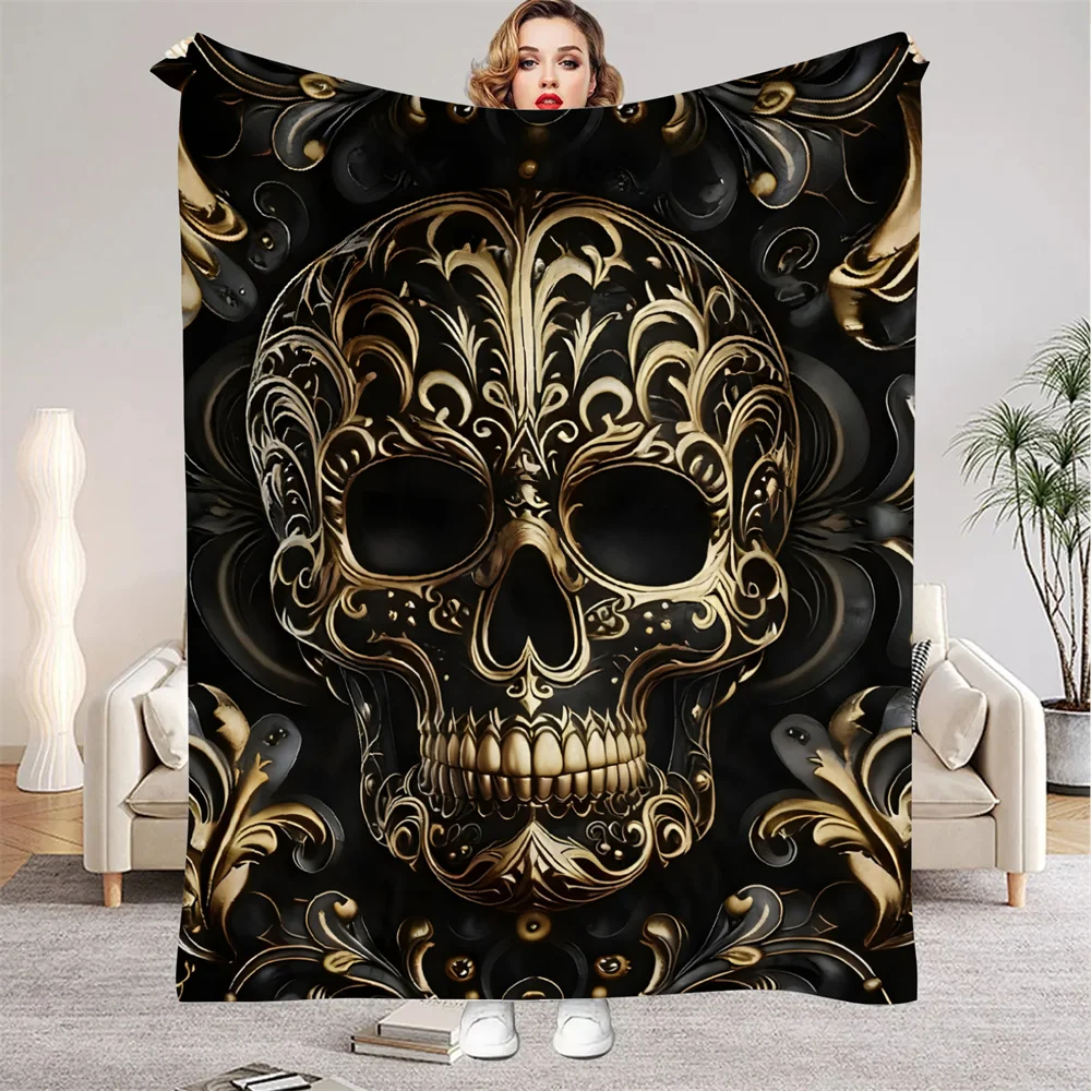 Schwarze und goldene Totenkopf-Decke, weich, gemütlich, warm, Winter-Flanell-Überwurfdecke für alle Jahreszeiten, für Sofa, Bett, Zimmerdekoration