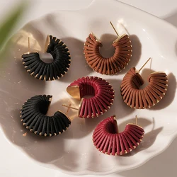 Vintage C-shaped Maillard Style Leather Stud Earrings for Women Trendy Minimalist Chunky Hoop Ear Accessories Party Jewelry Gift