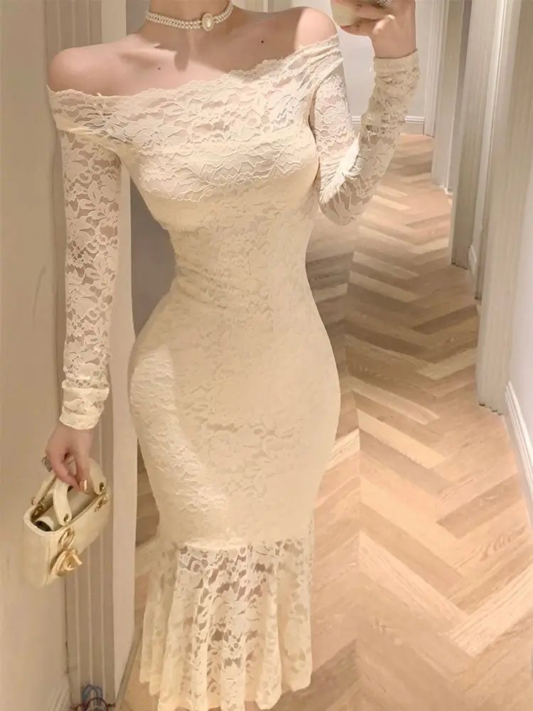 Elegant One-shoulder Lace Dress for Ladies Popular Birthday Dress for Women Hip-covering Fishtail Long Dress