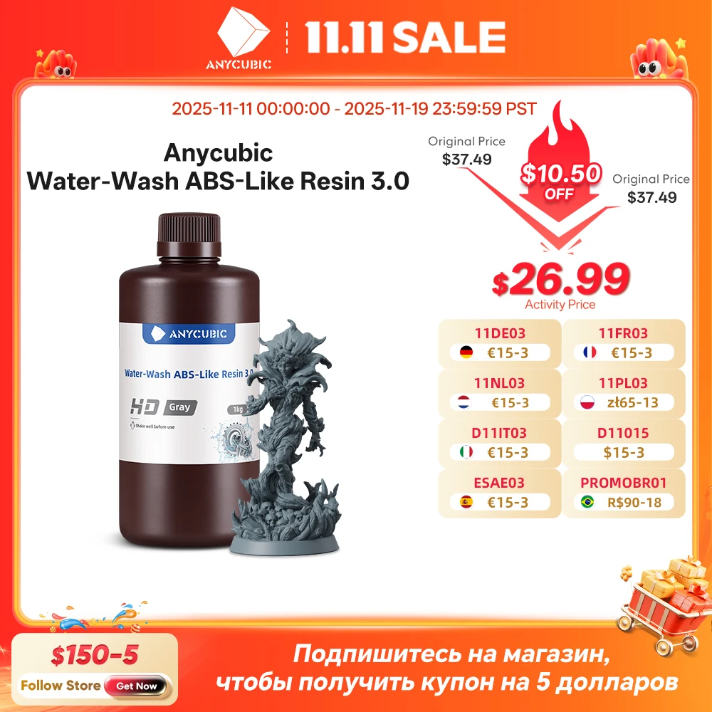 ANYCUBIC Water-Washable Like ABS Resin 3.0 For LCD 3d Printer 405nm Resin Quick Curing SLA 3d Printing Materials For Photon Mono