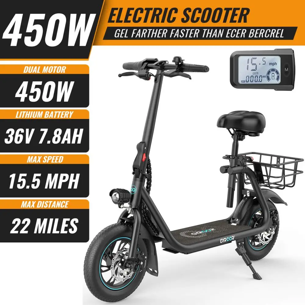 Gyroor 450W Electric Scooter with Seat for Adult, 12 inch Commuter Electric Scooter with Basket - up to 21 Miles 15.5MPH