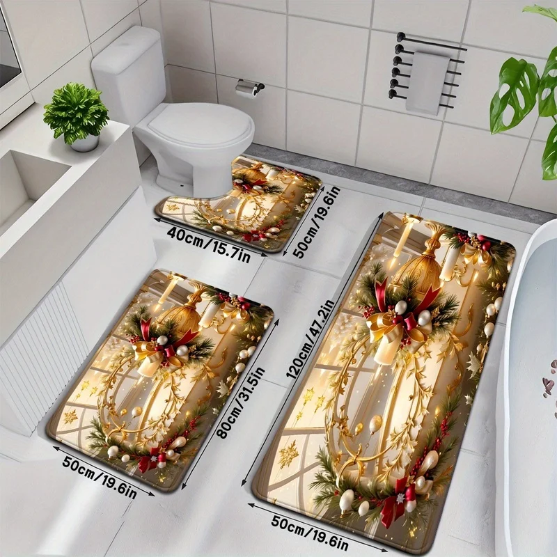 VIKAMA 2PCS Christmas Bathroom Mat Set, Super Absorbent U-Shaped Toilet Mat, Non-Slip Pearl Decor Rug for Kitchen Entry Home