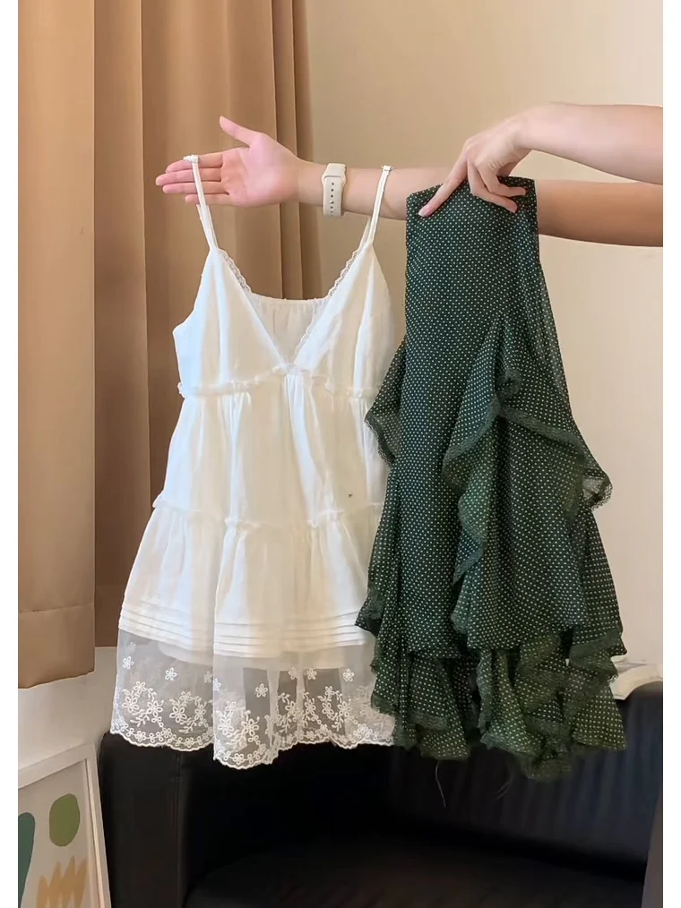 

Sweet Style Summer Outfit Women's Fashionable Belly Covering Strap Half-length Skirt plus Size New Trendy Casual V-neck Top