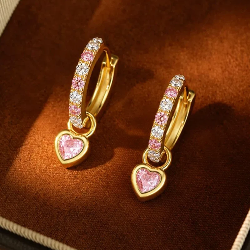 Smyoue 4mm Cute Pink Heart Cut Moissanite Hoop Earrings for Women Girls Party Wedding Ear 925 Silver 18k Plated Jewelry Gifts