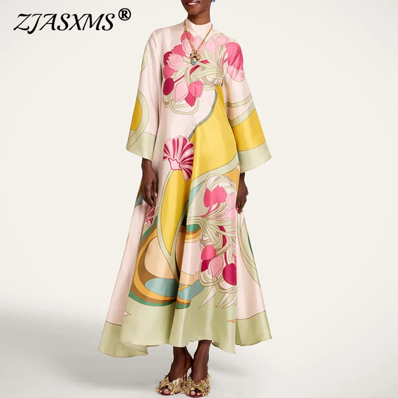 Vintage-Kunstblumen Bedrucktes Satin-Kleid für Damen Neues Kleid mit Ausgestellten Ärmeln Loses A-Linien Maxikleid Boho Sommer Strand Resort Elegante Kleider