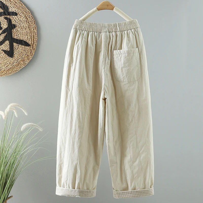 سراويل قطنية كاجوال أنيقة للنساء شتوية من Thiened Fce لون نقي هارلان فضفاضة مستقيمة الساق