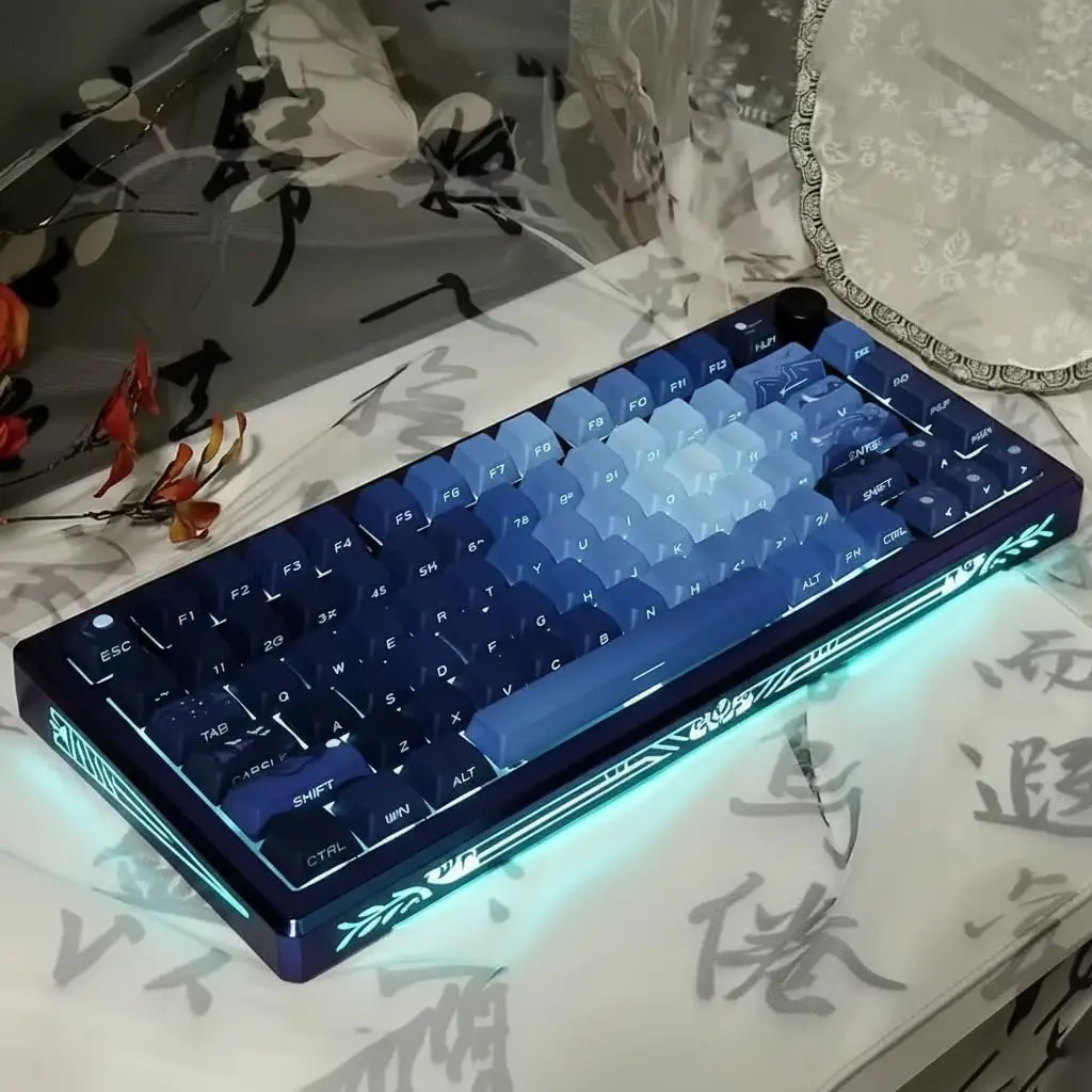 Dark Blue Shine Through Keycaps Cherry Profile 128 Keys Side KeyCaps Gradient Blue for Mechanical Keyboards 60% 65% 75% Backlit