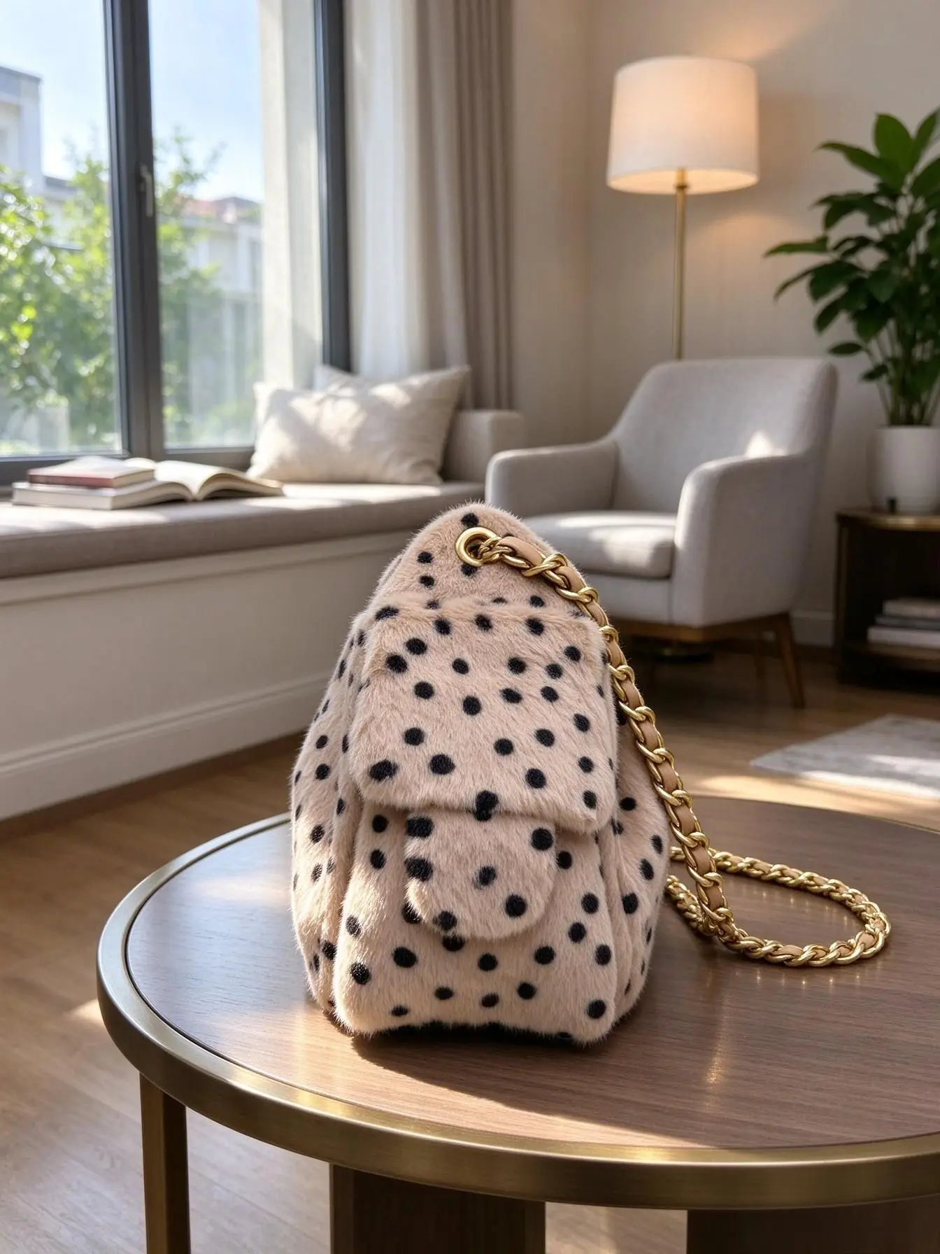 Unisex Plush Polka Dot Bucket Bag Soft Furry Drawstring Handbag Thick Metal Chain Shoulder Crossbody Bag