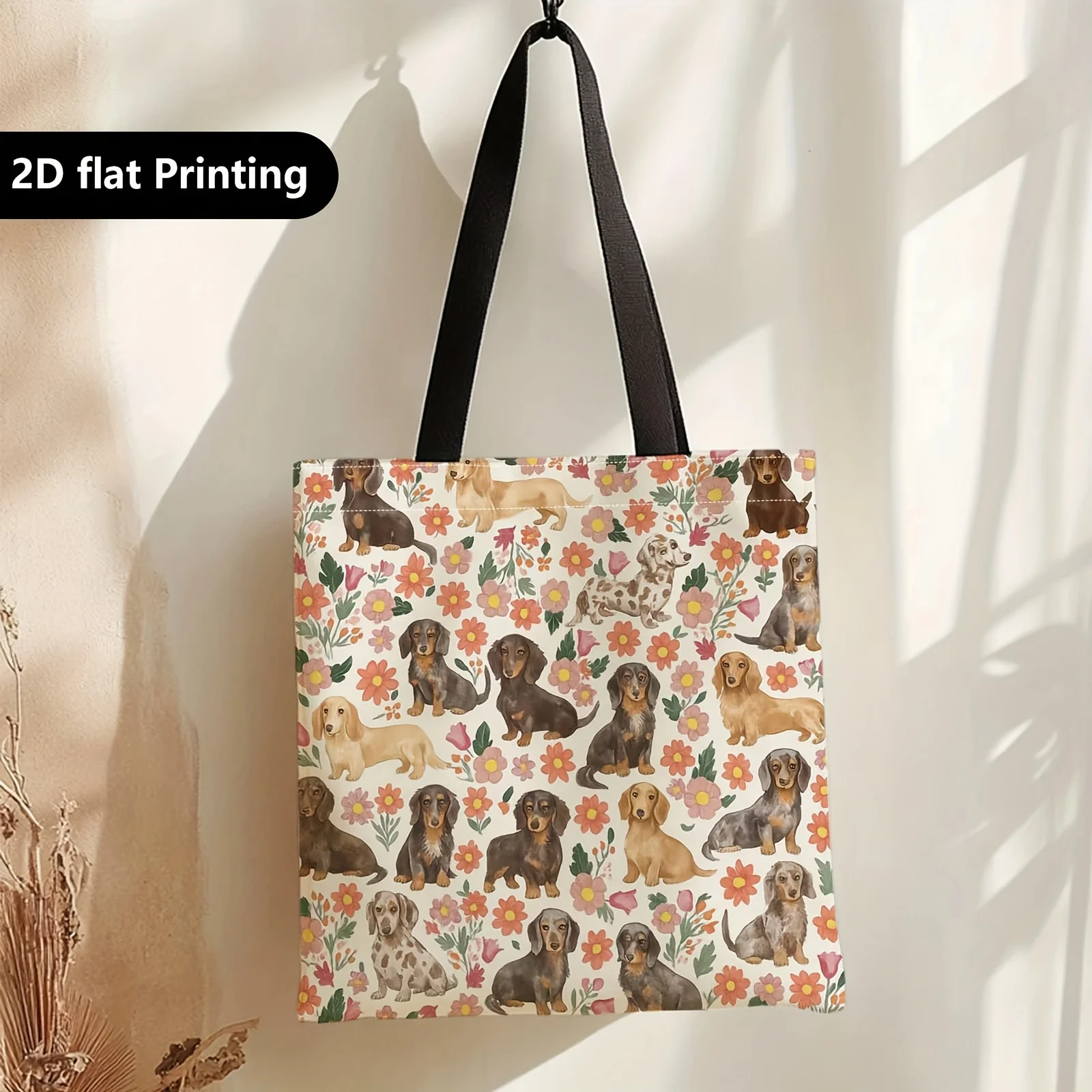 1pc Dachshund Dog Lover Tote Bag Brown Floral Print with Dachshund Puppies Shoulder Bag for Shopping Pouch Handbag