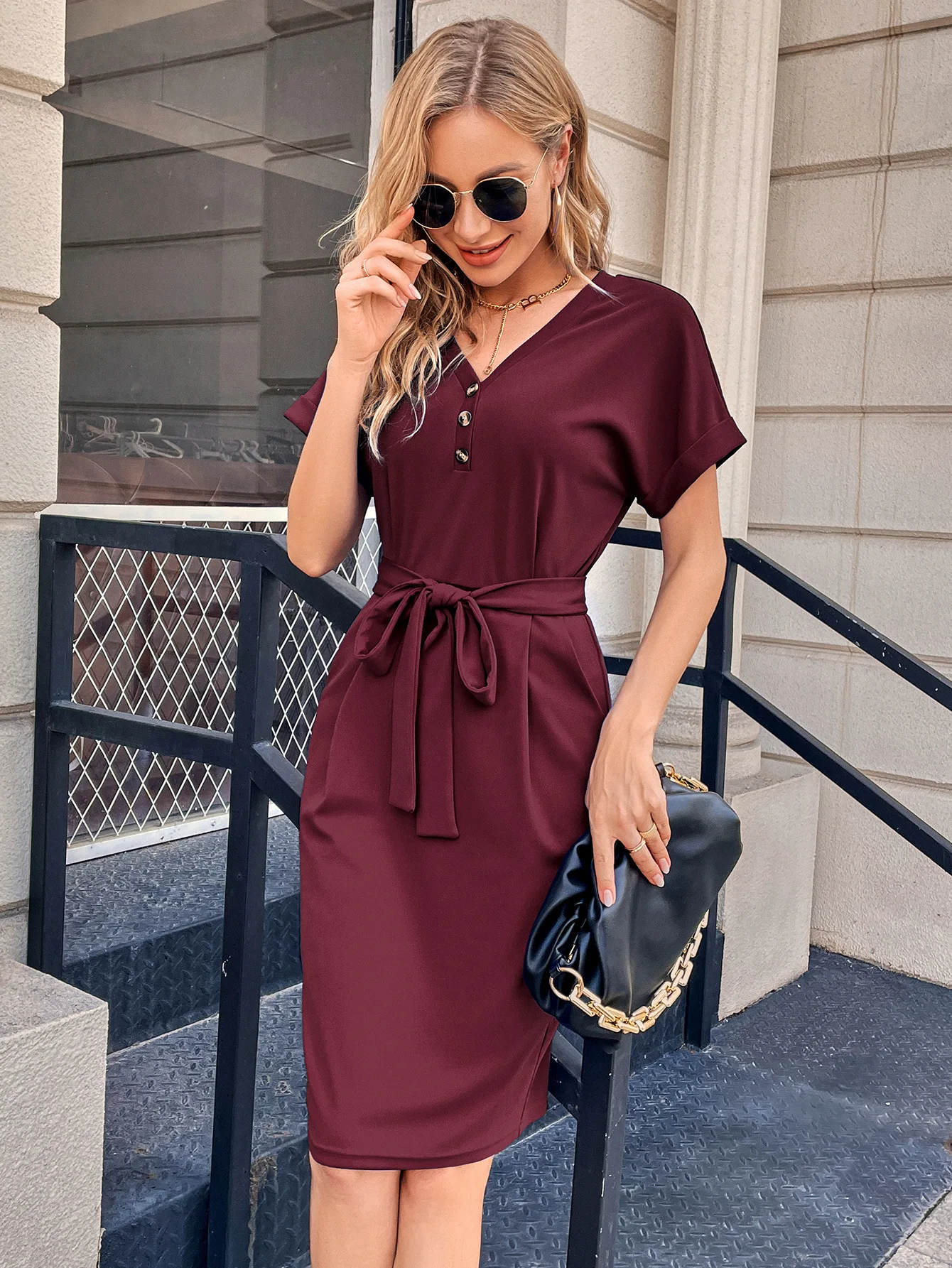 Latest style 2024 Summer Casual Solid Color Women's Dress V-neck Tie Slim Fit Wrap Hip Dress Women