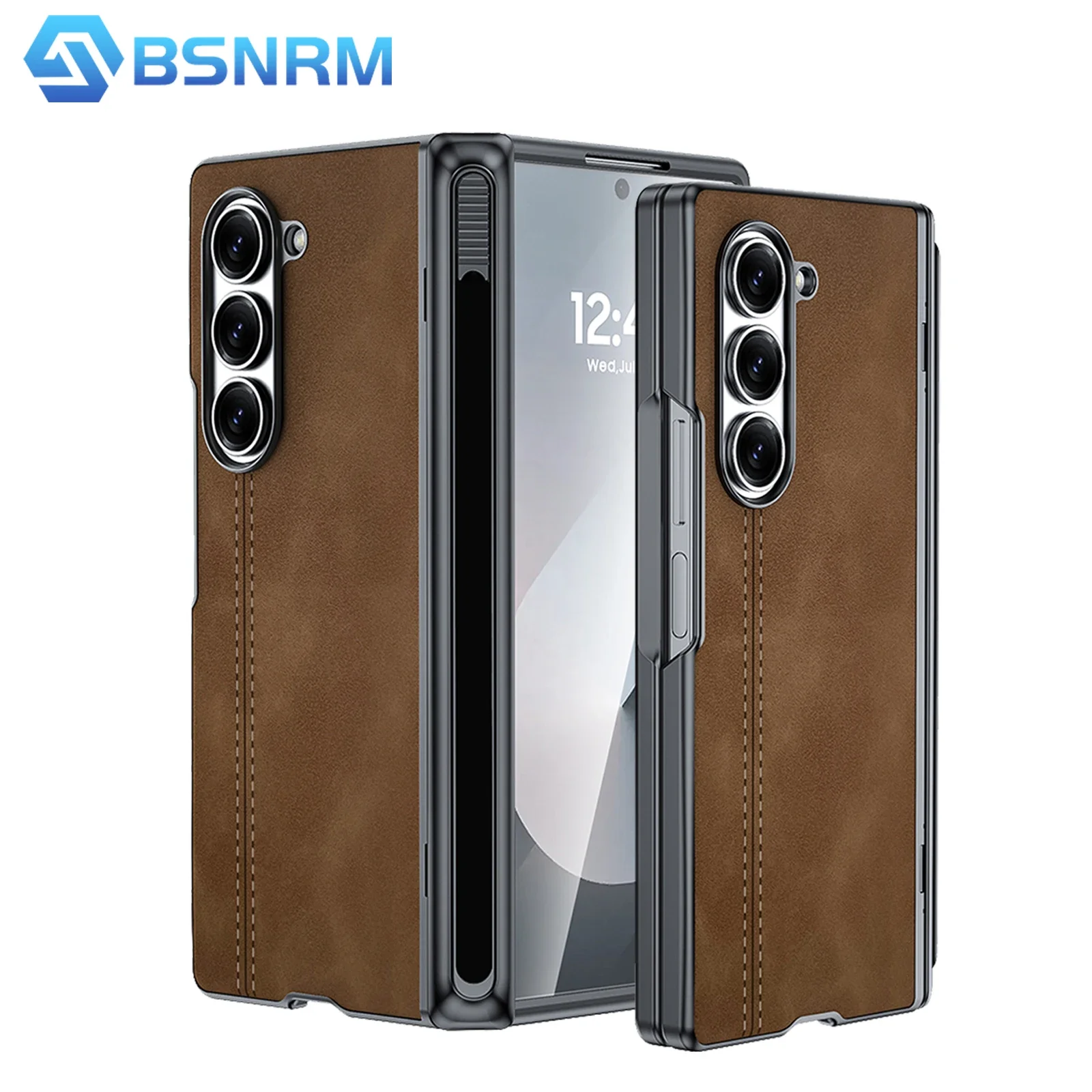 for Samsung Fold 6 Phone Case with S Pen Holder,Hinge Protection,Screen Protection,PU Leather Matte PC Case-Brown