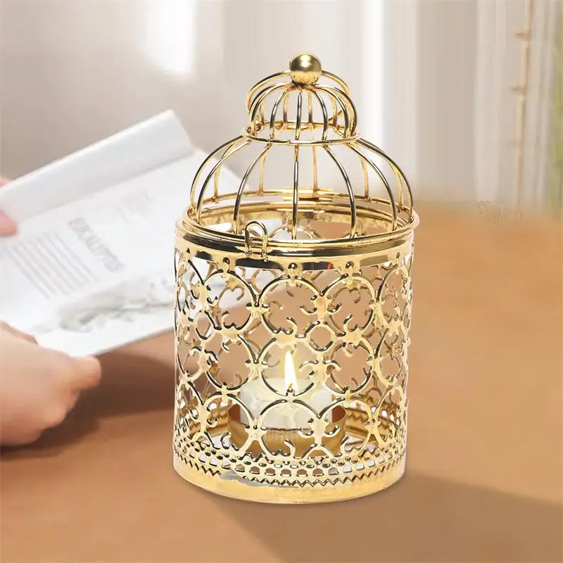 Hanging Birdcage Lantern Metal Tealight Candle Holder Vintage Decor of Wedding Party (Gold)