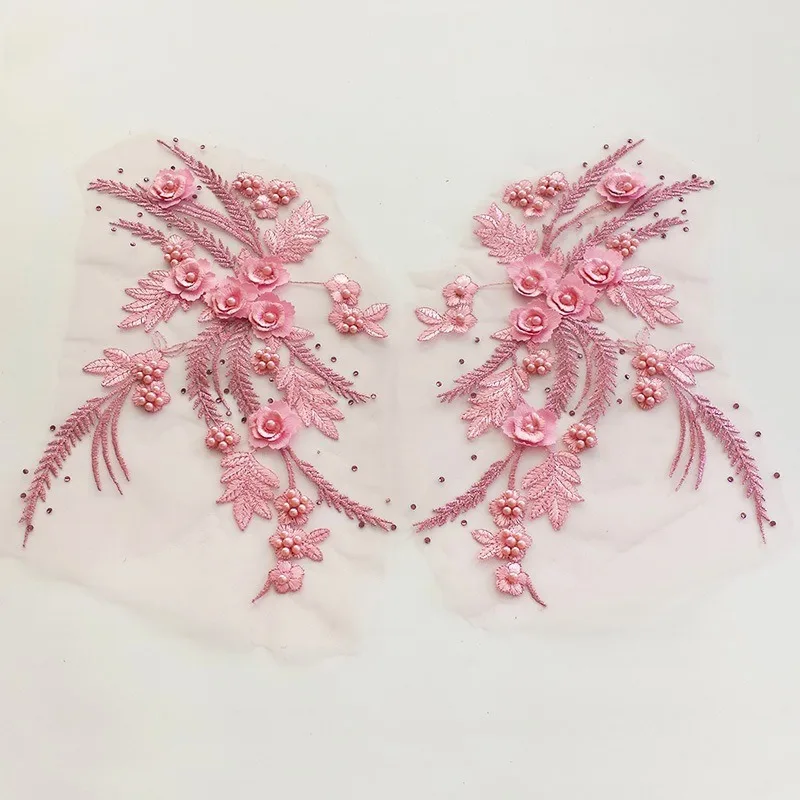 1 Pair of Beaded Embroidered 3D Flower Patches for DIY Lace Wedding Children's and Performance Costume Embellishments