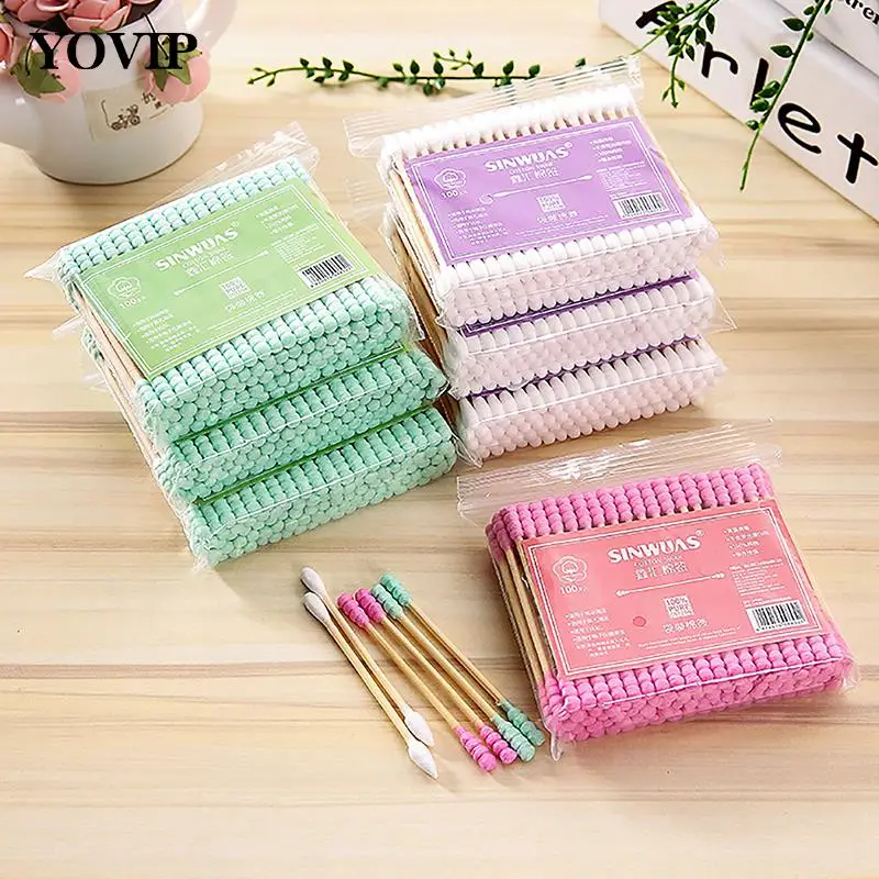 100pcs Women Makeup Cotton Buds Tip For Medical Wood Sticks Nose Ears Cleaning Health Care Tools Double Head Cotton Swab