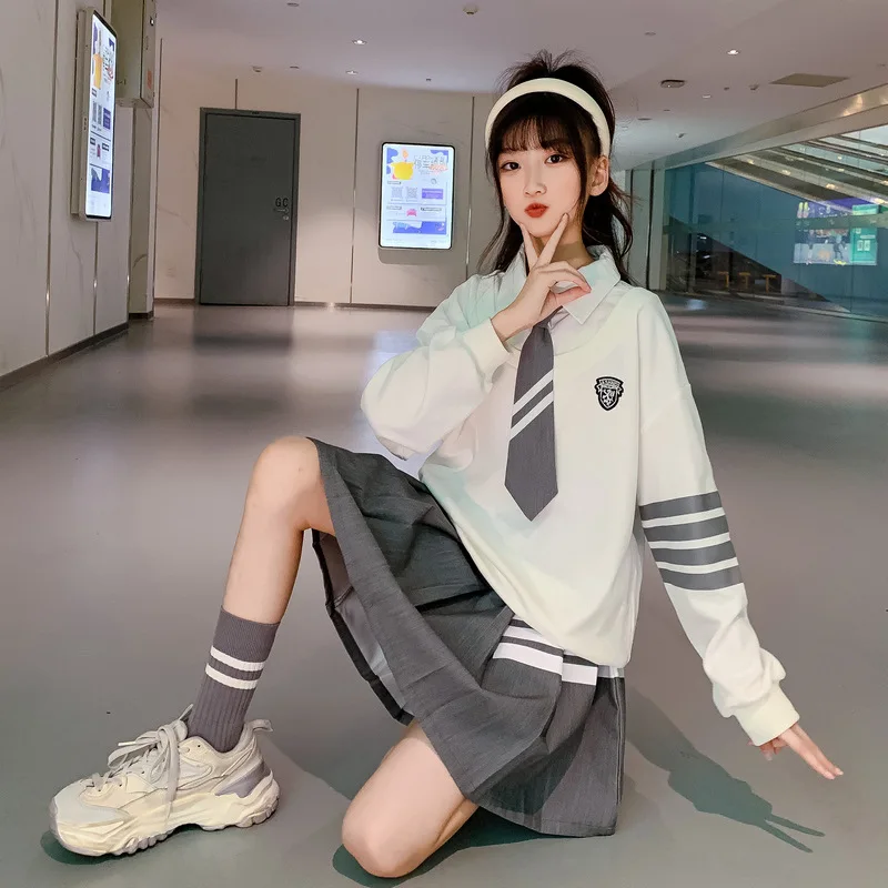 White JK Uniform Girls Autumn Winter long Sleeve Japanese School Uniforms Girls Sailor Sets Pleated Skirt Uniform 4-16Y Costume