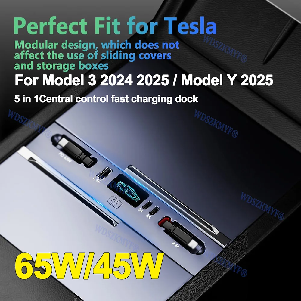 

5in1 Docking Station 65W USB Shunt Hub Extension Center Console Smart Sensor Quick Charger For Tesla Model 3 2024-25 Model Y 25
