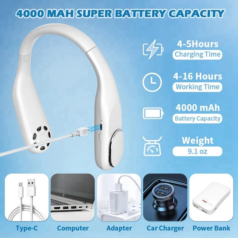 Portable Neck Fan 4000MAh Rechargeable Bladeless Hanging Neck Fan 3 Speeds Adjustment 360°Cooling Wearable Flexible Fan