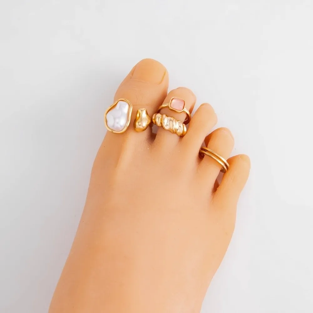 Irregular Pearl Toe Ring Set Gem Inlay Open Adjust Frame Foot Jewelry Multi Piece Pack Thread Metal Surface Foot Accessory