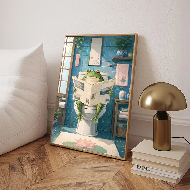 Whimsical Cowboy Duck Frog on Toilet Reading Canvas Print Poster Funny Animal Japandi Art Prints Bathroom Wall Art Home Decor