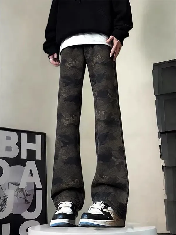 

Американские ретро-джинсы в стиле High Street с камуфляжным принтом, мужские брюки CleanFit Knife, зауженные прямые брюки с микро-клешем