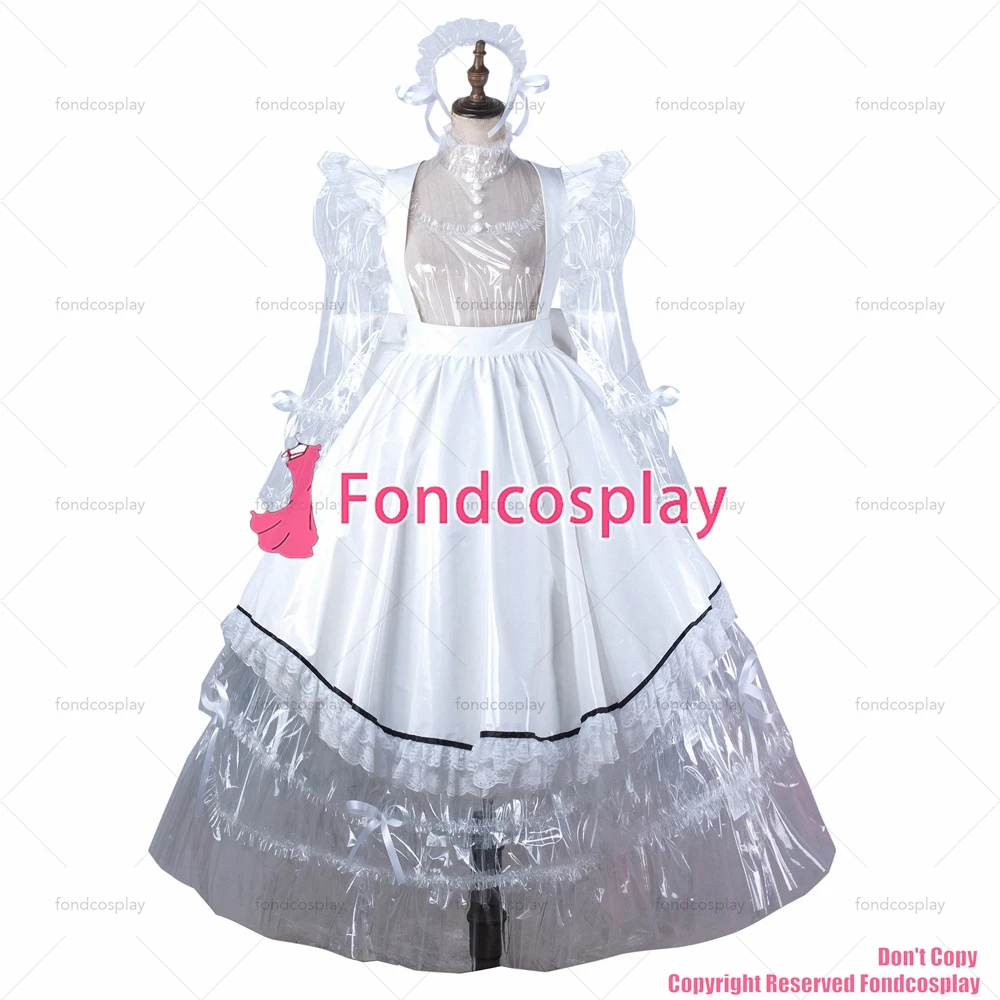 fondcosplay adult sexy cross dressing sissy maid long clear pvc dress lockable Uniform white apron costume CD/TV[G2205]