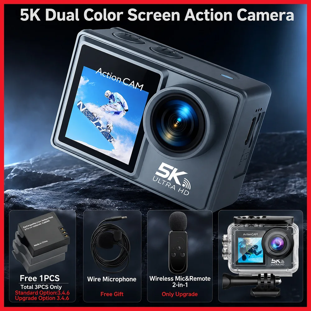 5K 4K60FPS Actionkamera Dual IPS Touch LCD DVR EIS 170 °   30 m wasserdichte 5-fach-Zoom-Sportkamera mit kabellosem Mikrofon und Fernbedienung