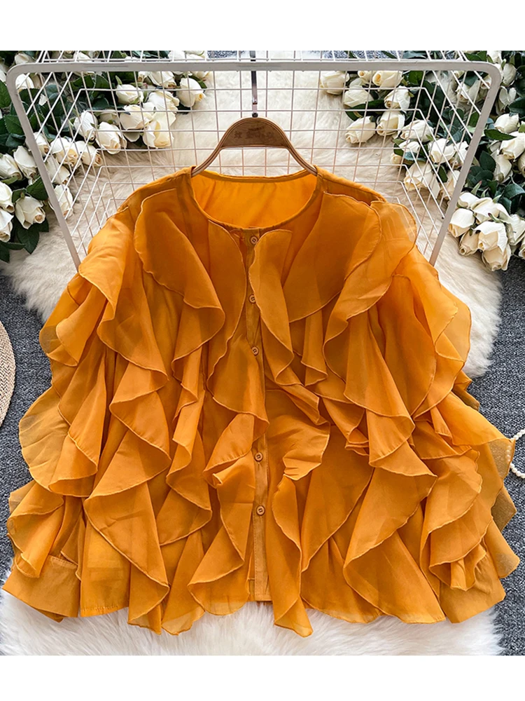 

French Spring autumn New Ruffles Edge Gentle Sweet Long-sleeved Chic Fairy Blouse Top Women fashion Blusas Tops W69