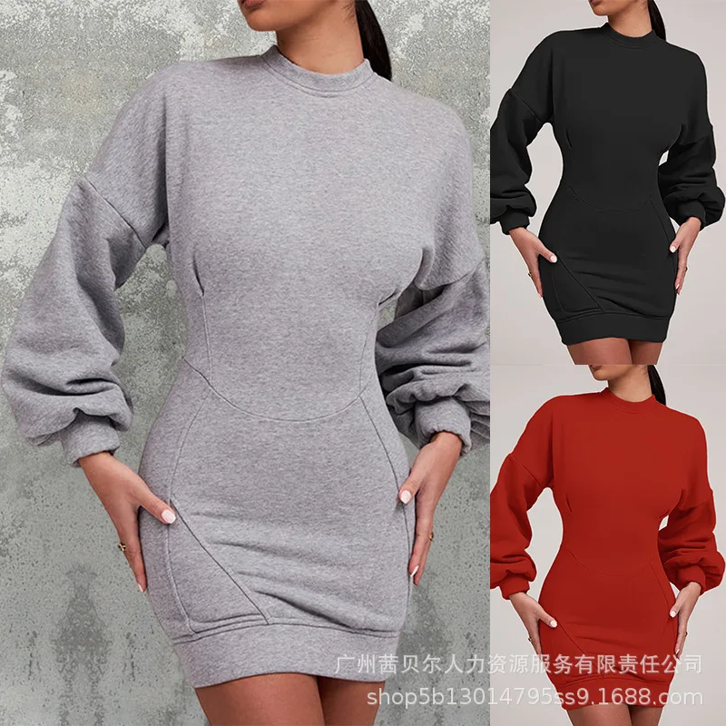 

Lantern Sleeve Bodycon Pullover Sweatshirt Dress Crew Neck Mini Dress Women Solid Color Autumn Winter