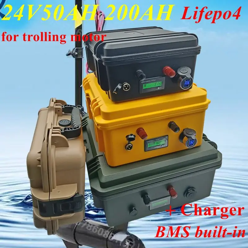 Waterproof Lifepo4 24V 50Ah 60Ah 80Ah 100Ah 120Ah 150Ah 200Ah Lithium Battery With Bms For Trolling Motor Propeller +10A Charger