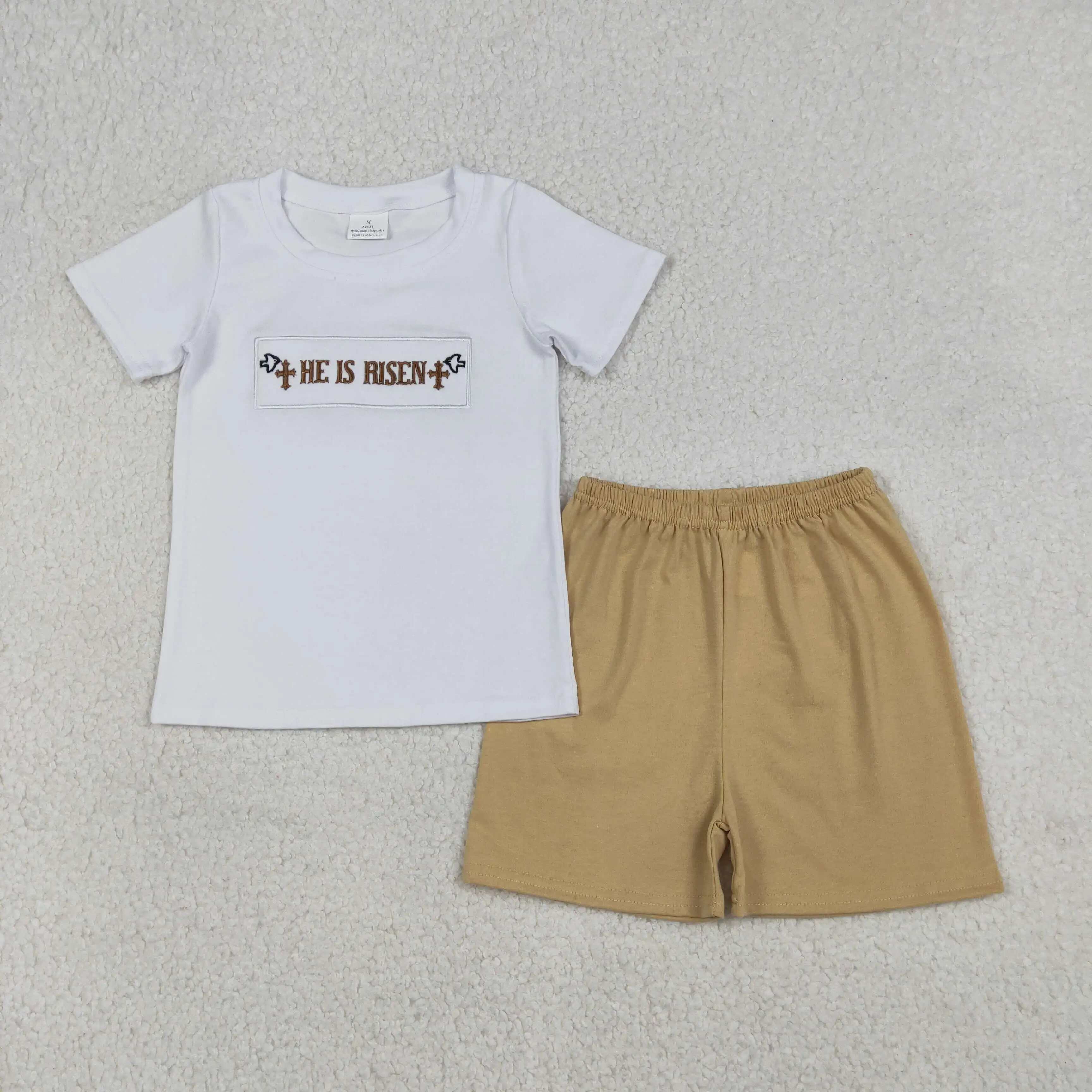

z1222-05 BSSO1674 Wholesale Boutique kids clothes boy embroidery easter RISEN short sleeve shorts Set Summer Children clothing
