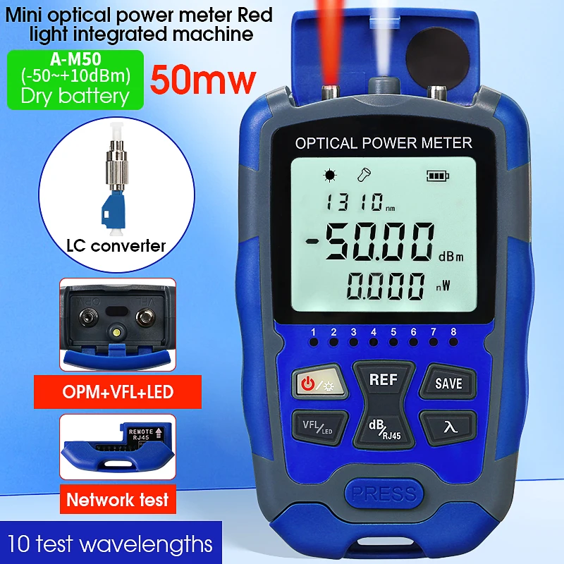 Blue A-M50 Optical Power Meter -50~+26dBm 4 in 1 Multifunction Visual Fault Locator Fiber Network Cable Tester 1-50MW(optional)