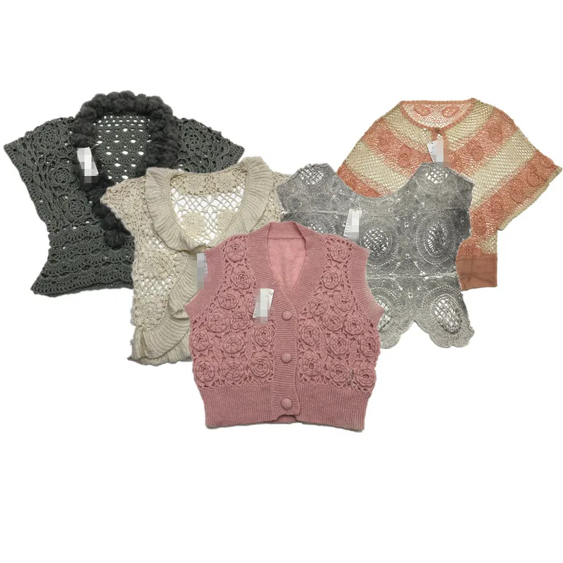 

Винтажный двухслойный ажурный однотонный роскошный свитер из смешанного волокна ручной вязки для женщин, лето 2024, другой материал