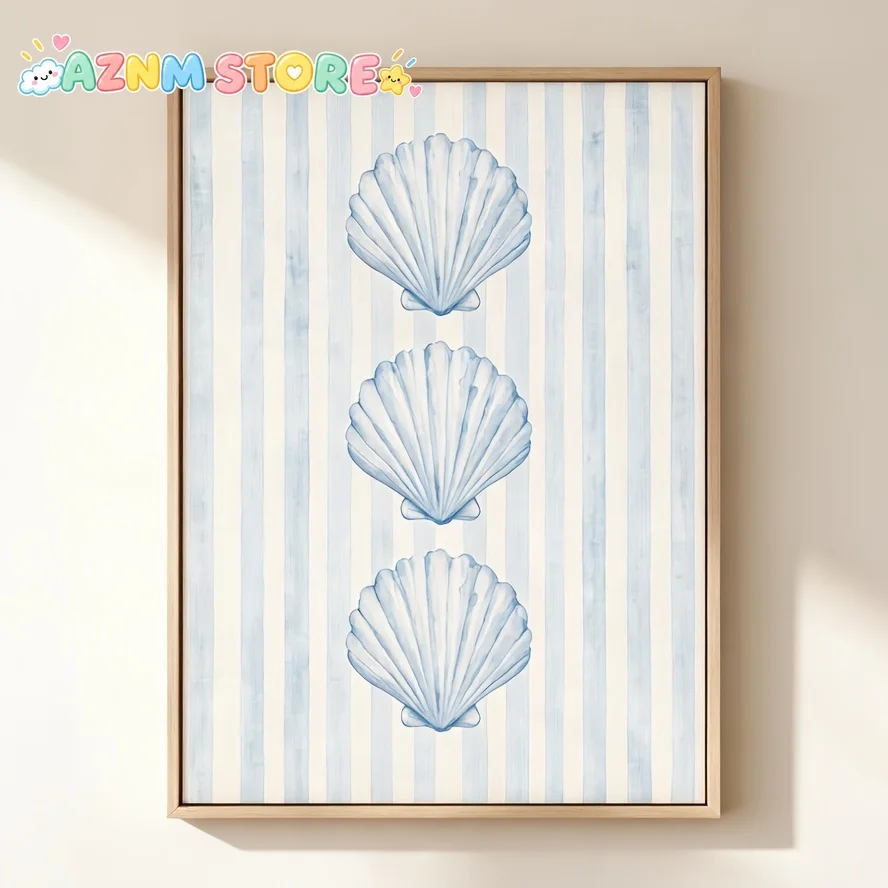 2027Pale Blue & White Striped Vertical Scallop Seashell Suitable for Beach House Nautical Wall Art - Minimalist Pastel Waterc