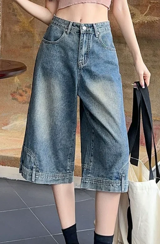 

Women's Summer New Fashion Wash To Do Old Mid-length Jeans, Casual Loose Flip The Bottoms Straight Leg High-waisted Denim Shorts