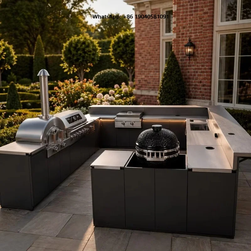 Luxury Modern Modular U-Shaped Outdoor Kitchen Island External Kitchen 304 Stainless Steel Natural Gas BBQ Grill 6-Burner