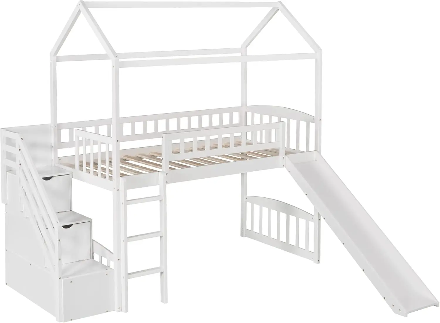 HarperBright Designs Loft Bed with Slide, House Loft Beds Twin Size with Step Storage Drawers Stairway