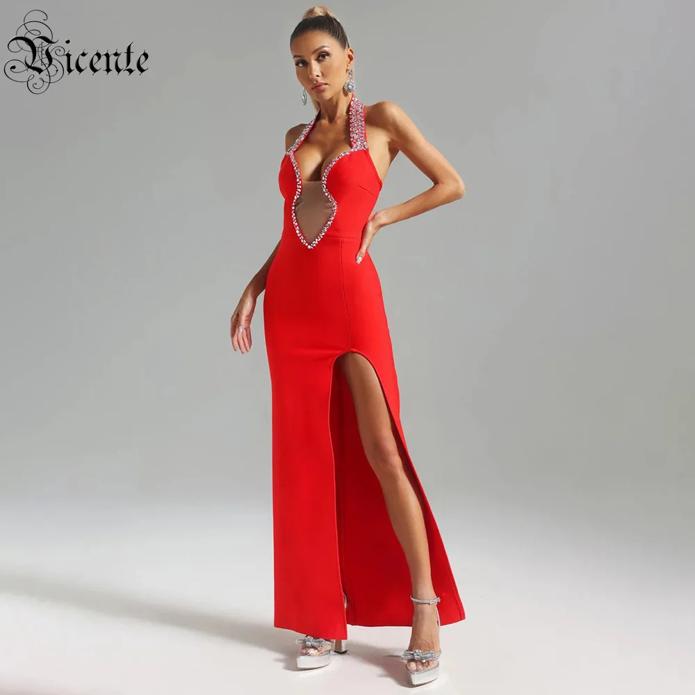 

VC 2024 Summer New Sexy Red Halter Diamond-Studded Side Slit Backless Birthday Party Evening Maxi Long Dress